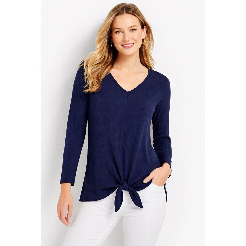 Talbots Knit Top Women Size XS Blue Tie-Front V-Neck 3/4 Sleeve Spring Casual